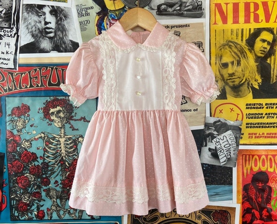 Vintage Toddler Girls Kids 80s Pink & White Lace … - image 1