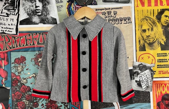 Vintage Toddler Kids 60s-70s Gray Red Black Striped Long Sleeve Collared Zip Up Polo Top 2T-3T Boys Girls Retro Mod Preppy Clothing Shirt