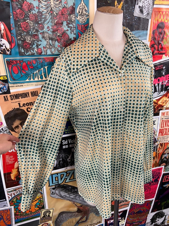 Vintage Women's 60s-70s Green & Tan Mod Polka Dot… - image 3