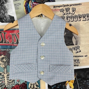 Vintage Toddler Boys Kids 70s Blue Tiny Houndstooth Plaid V-Neck Waistcoat Vest Top 18-24 Months Retro Tailored Preppy Clothing USA