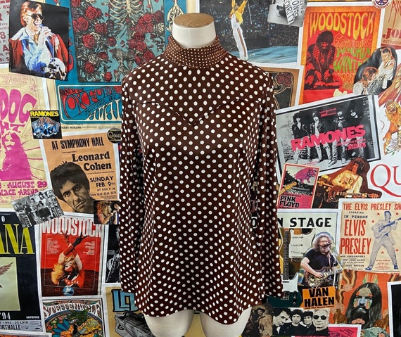 Vintage Women's 60s-70s Brown Polka Dot Print H B… - image 1