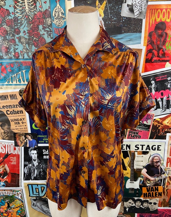 Vintage des annees 60 70 pour femme orange rouille imprime abstrait floral Carole Sue Dolman chemisier petite chemise decontractee retro Mod boutons oeil de chat haut Etsy France