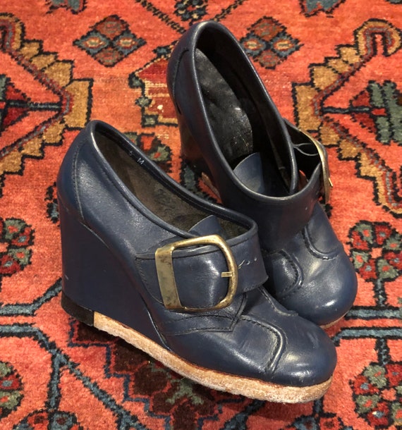 Vintage 1970s Italian Leather Platform Wedge Heels