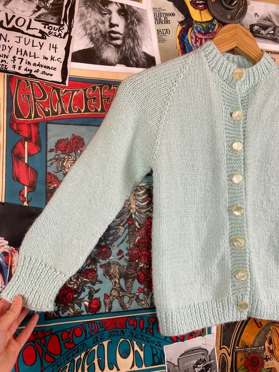 Vintage Kids Girls 50s-60s Pastel Mint Blue Knit … - image 2