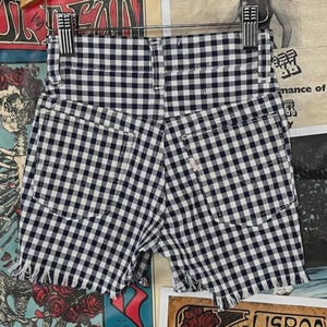 May include: High-waisted denim shorts in a classic black and white gingham pattern. The shorts have two back pockets and frayed edges at the hem. They are hanging on a metal hanger against a backdrop of vintage posters.