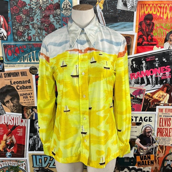 Vintage Women's 70s Yellow Sailboats Scene Novelty Print Long Sleeve Blouse Size XS, Retro Groovy Womens Disco Shirt Size 2 Sailing Top