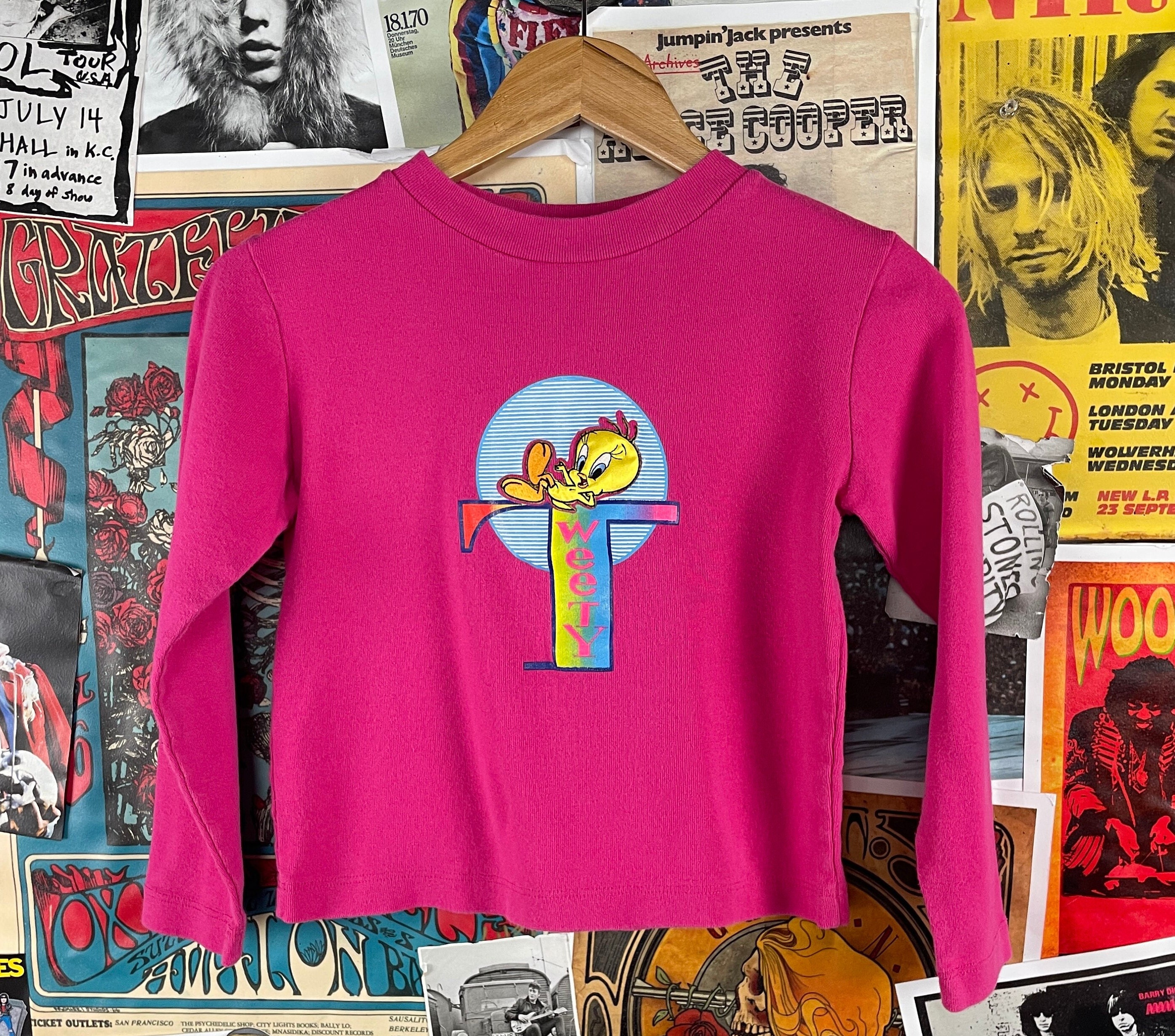 Vintage Kids Girls 90s Pink Looney Tunes Tweety Bird Long Sleeve 