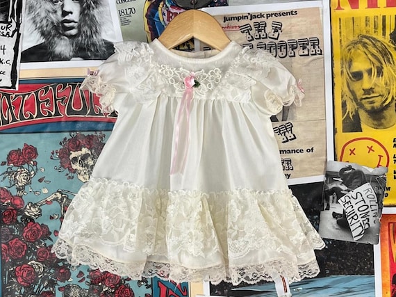 Vintage Baby Girls Kids 90s Frilly White Lace Allison Ann Pink Rosettes Ribbon Party Dress 0-3 Months Romantic Easter Wedding