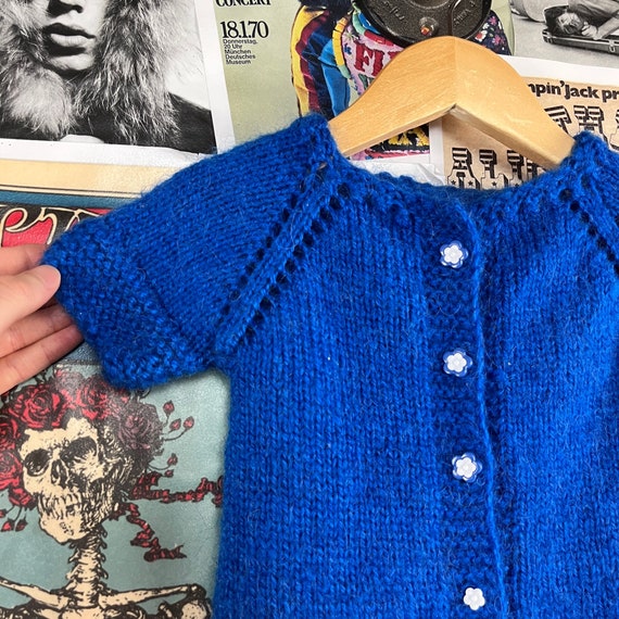 Vintage Baby Kids Girls 60s-70s Blue Hand Knit Fl… - image 2