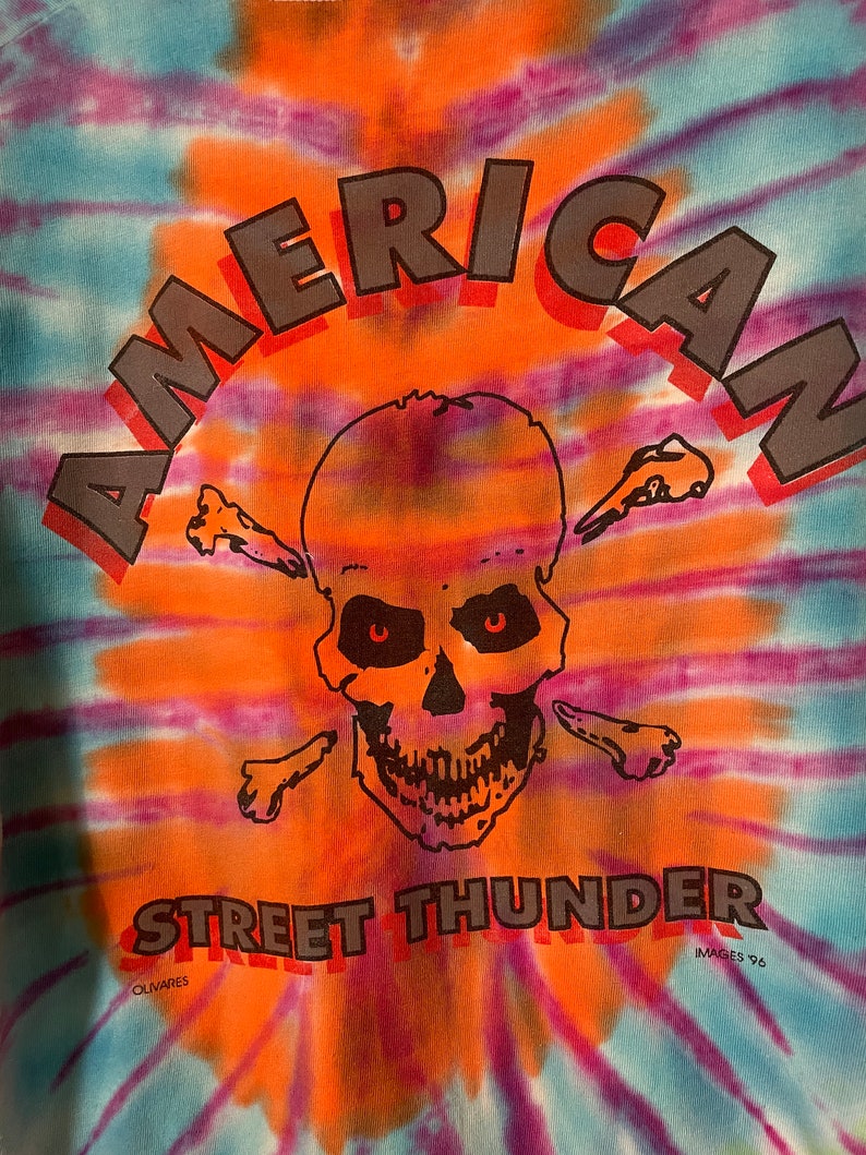 Vintage 1990s Tie Dye American Street Thunder Houston Texas Skull Biker All Cotton Graphic Pocket T-Shirt