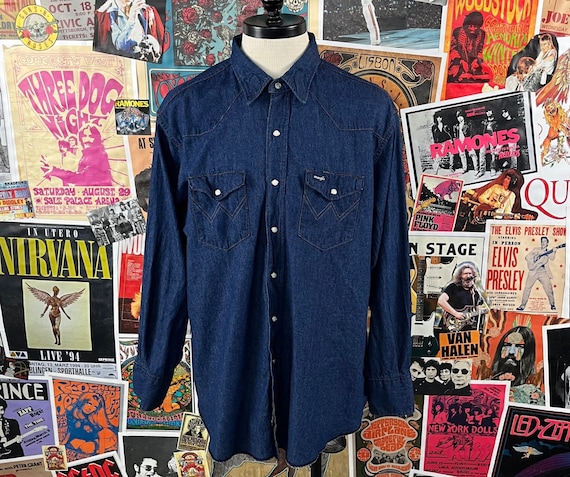 Vintage des années 80-90 pour homme vintage Wrangler Extra Long Tails USA Pearl Snap deux poches Pearl Snap Denim Cowboy chemise boutonnée 54 poitrine 2XL - France
