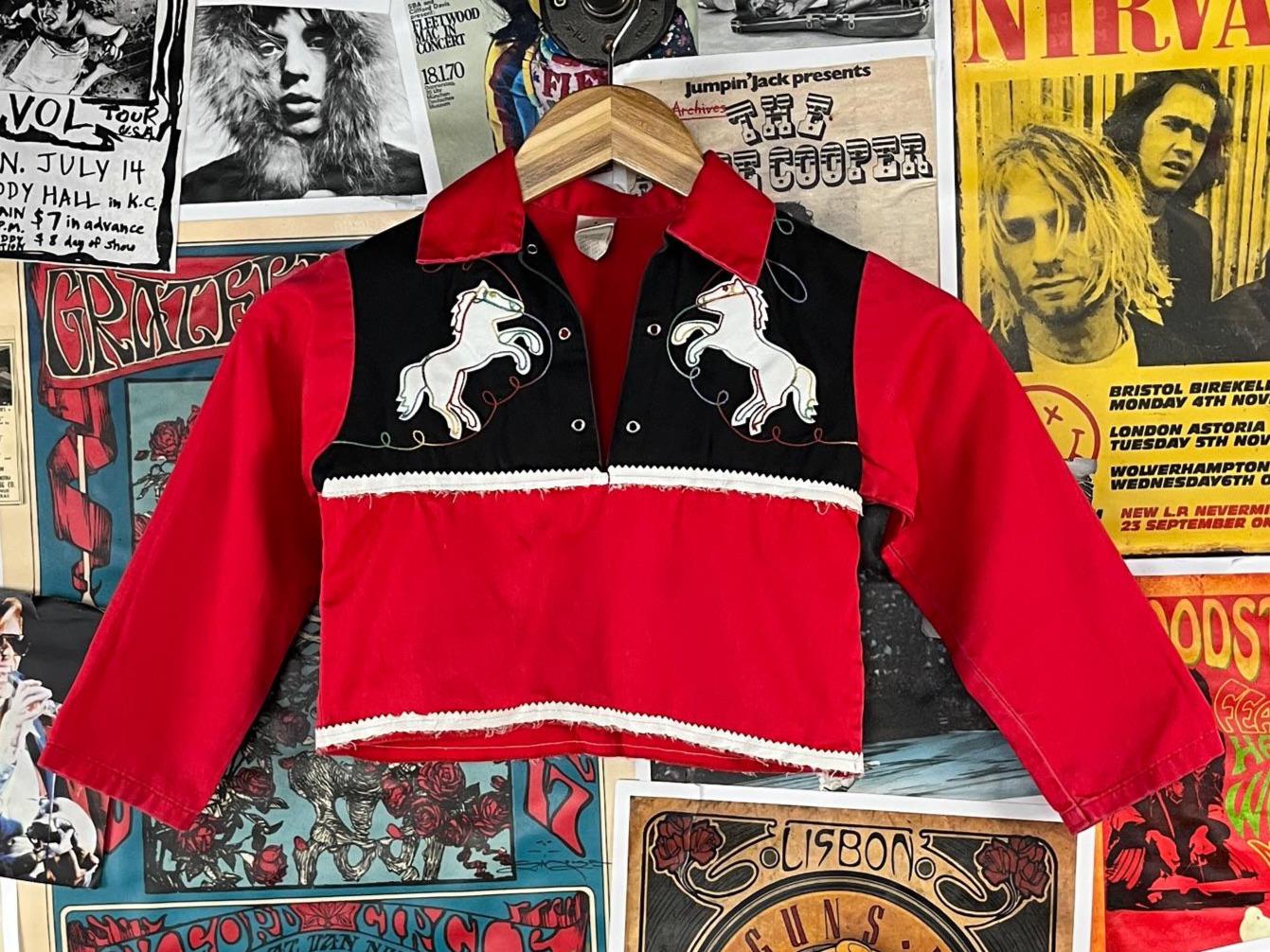 Vintage Kids Boys 70s Red Black Embroidered Horses Sears Western Cowboy Rodeo Lace Up Pullover Shirt Top Size 6 Ages 5-6 Retro Rockabilly