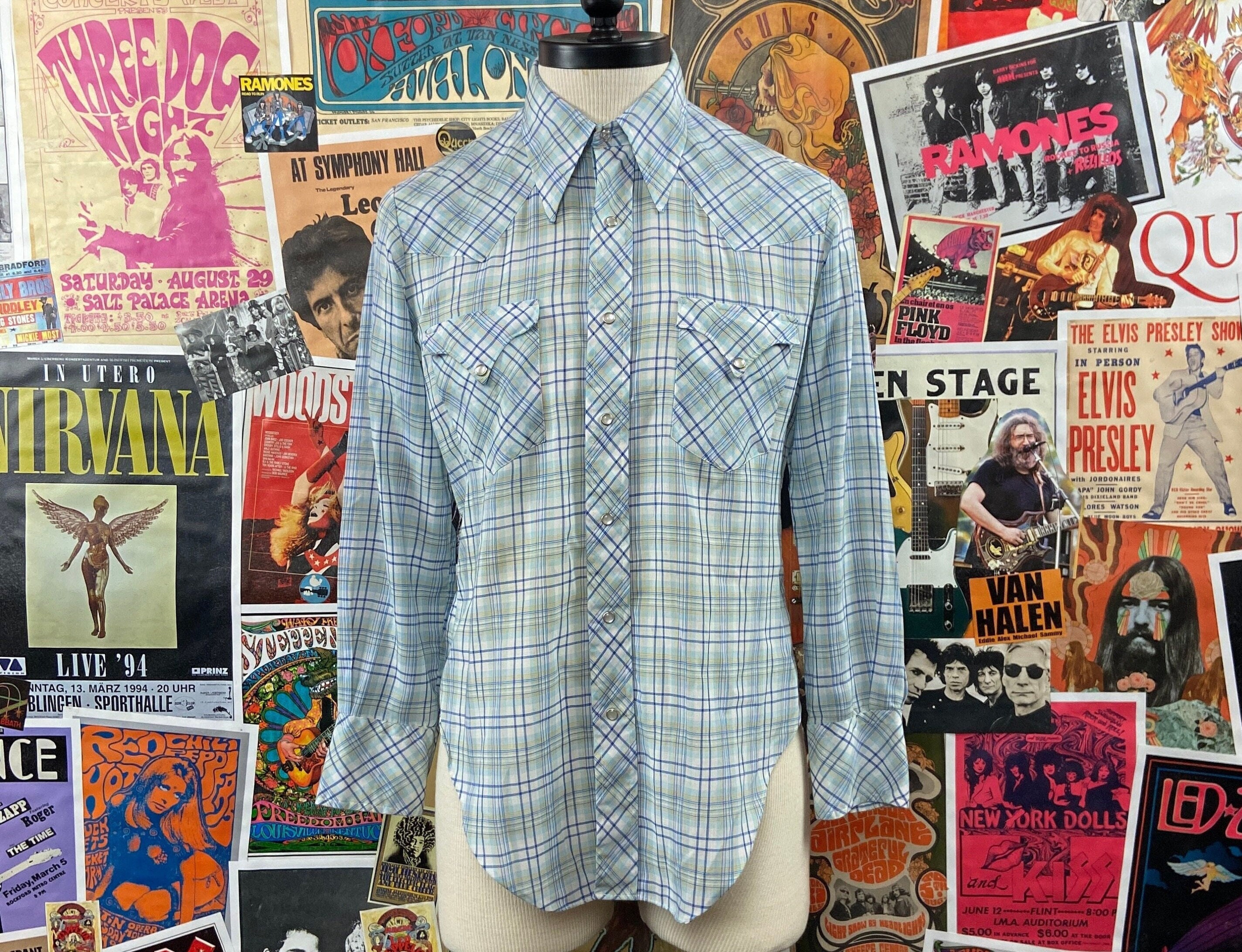 Vintage 70s 80s Wrangler Western Pearl Snap Pink Tan Blue Rockabilly Medium  Large Cowboy Shirt -  Canada