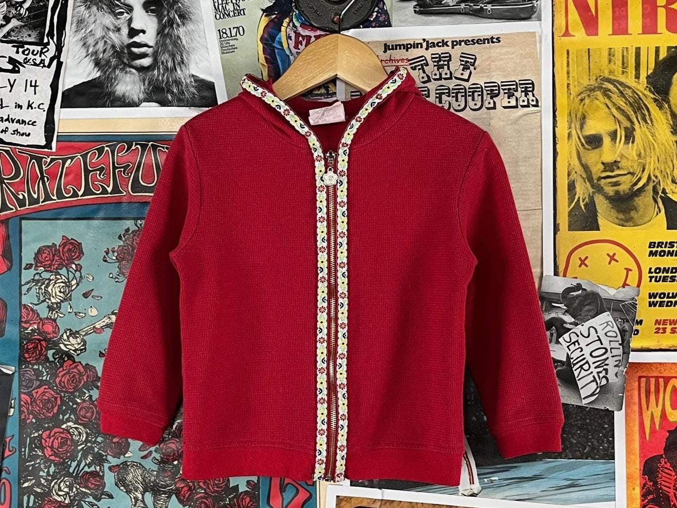 Vintage Toddler Girls 90s Red Waffle Knit Floral Trim Cowboy & Angels Hooded Zip Up Hoodie Top 3T Retro Back to School Flower Clothing