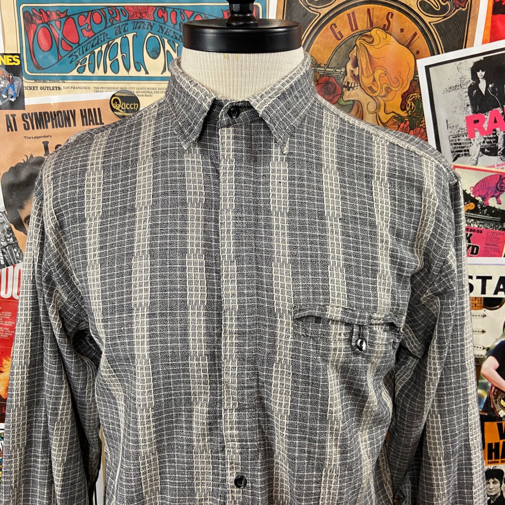 Vintage Mens 90s Gray Square Check Plaid Striped Shah Safari Long 