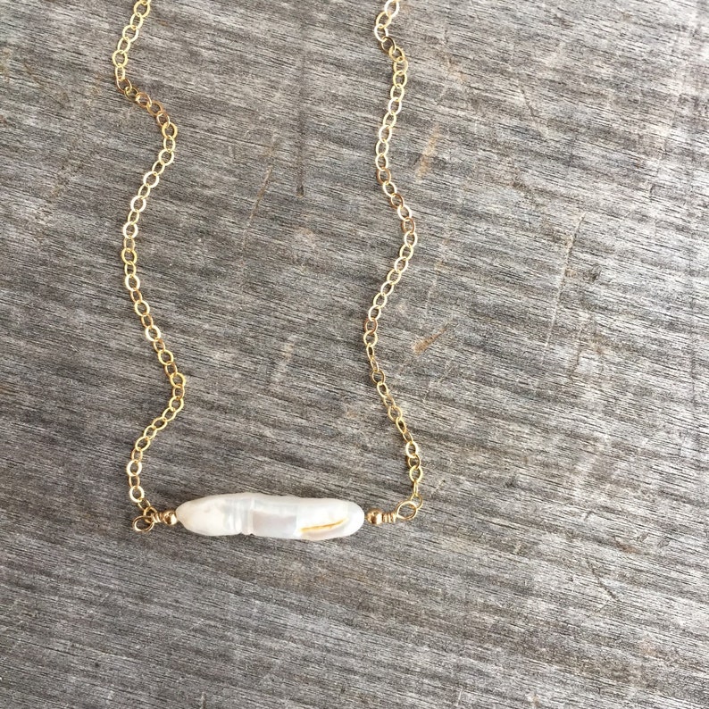 Gold Fill Beads Freshwater Pearl Necklace Pearl and Gold Bead Bar- Bridesmaid Necklace Minimalist Necklace Stick Pearl Bar Necklace