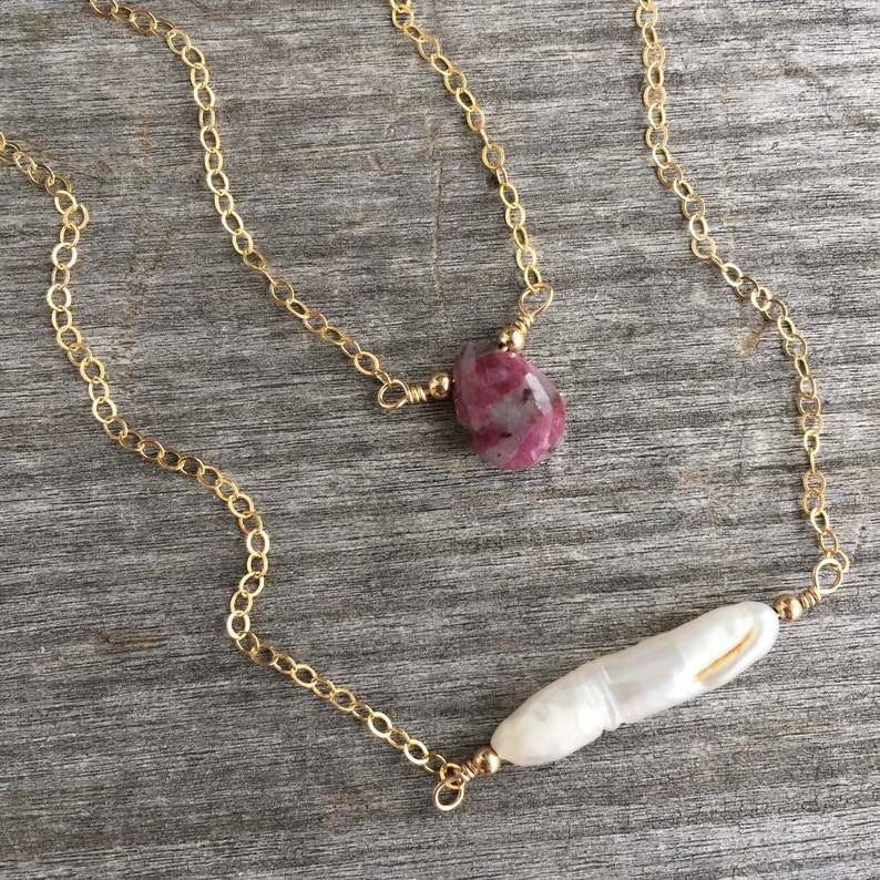 Gold Fill Beads Freshwater Pearl Necklace Pearl and Gold Bead Bar- Bridesmaid Necklace Minimalist Necklace Stick Pearl Bar Necklace