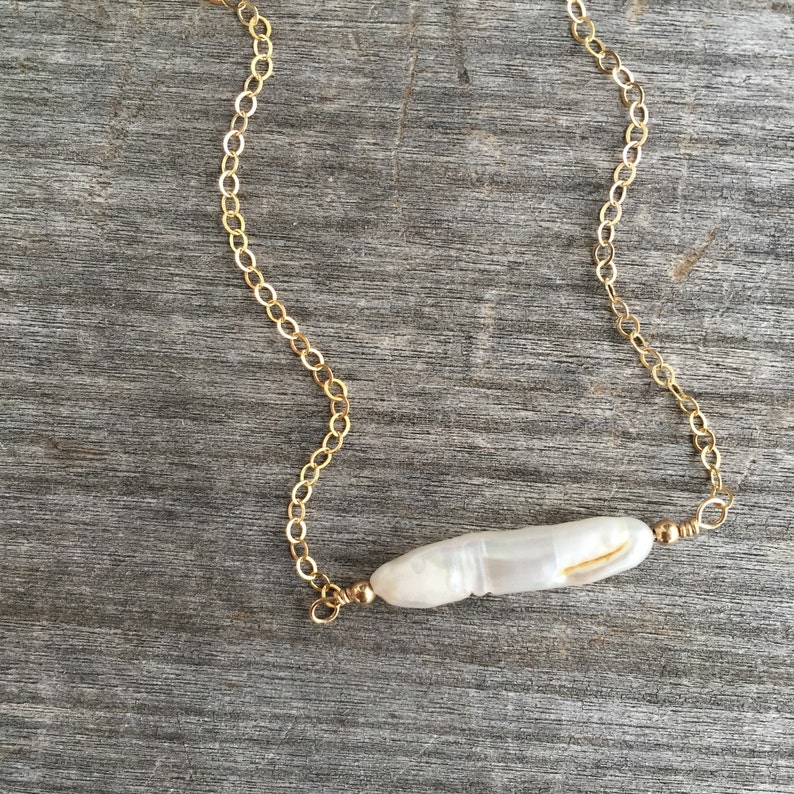 Gold Fill Beads Freshwater Pearl Necklace Pearl and Gold Bead Bar- Bridesmaid Necklace Minimalist Necklace Stick Pearl Bar Necklace