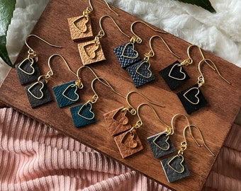 Leather Heart Earrings - Leather Earrings - Boho Earrings - Leather Drop Earrings - Leather Dangle Earrings - Gift for Her - Heart Earrings