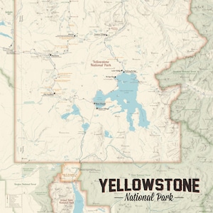 Carte du parc national de Yellowstone, affiche 18 x 24