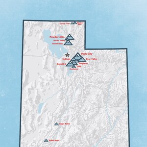 Póster de 18 x 24 con mapa de estaciones de esquí de Utah