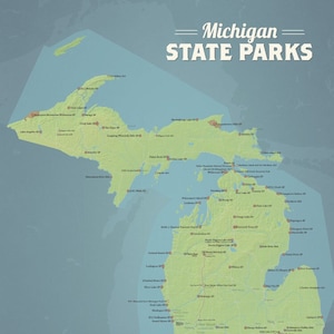Póster de 18 x 24 con el mapa de los parques estatales de Michigan