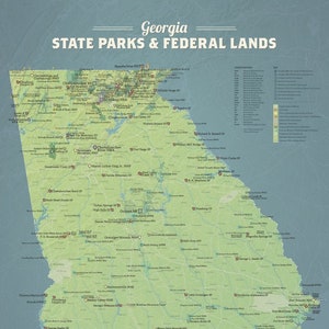 Póster de 18 x 24 con el mapa de parques estatales y tierras federales de Georgia