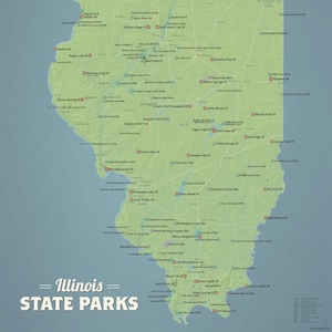 Póster de 18 x 24 con el mapa de los parques estatales de Illinois