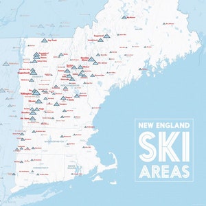 New England Ski Resorts Map 18x24 Poster White & Light Blue