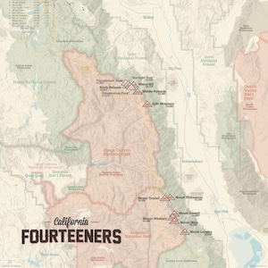 California 14ers Map 18x24 Poster