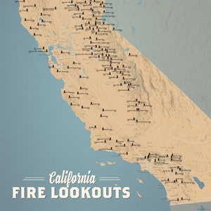 Carte des postes d'observation des incendies en Californie, 18 x 24 pouces, poster