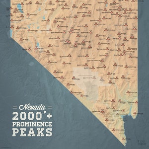 Nevada 2000' Prominence Peaks, carte 18 x 24 pouces Poster