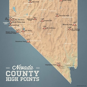 Carte des points forts du comté du Nevada, impression 11 x 14