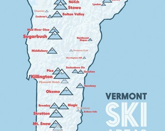 Vermont Ski Resorts Map 11x14 Print