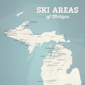 Carte des stations de ski du Michigan, impression 11 x 14