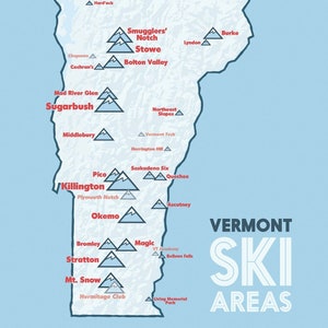 Mapa de estaciones de esquí de Vermont, impresión de 11 x 14