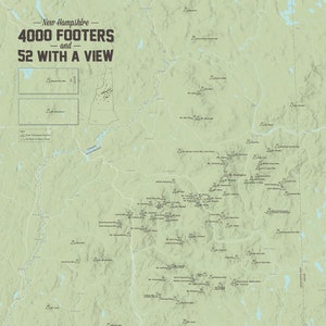 New Hampshire 4000 Footers + '52 With A View' Map 24x36 Poster