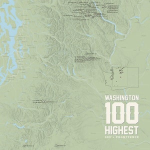 Kaart van 18 x 24 met kaart van Washington 100 hoogste toppen