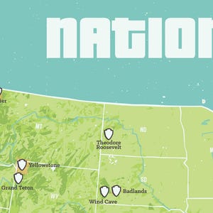 May include: A map of the United States featuring National Park locations. The word "NATIONAL" is displayed in large white letters. The map is green with a blue background.