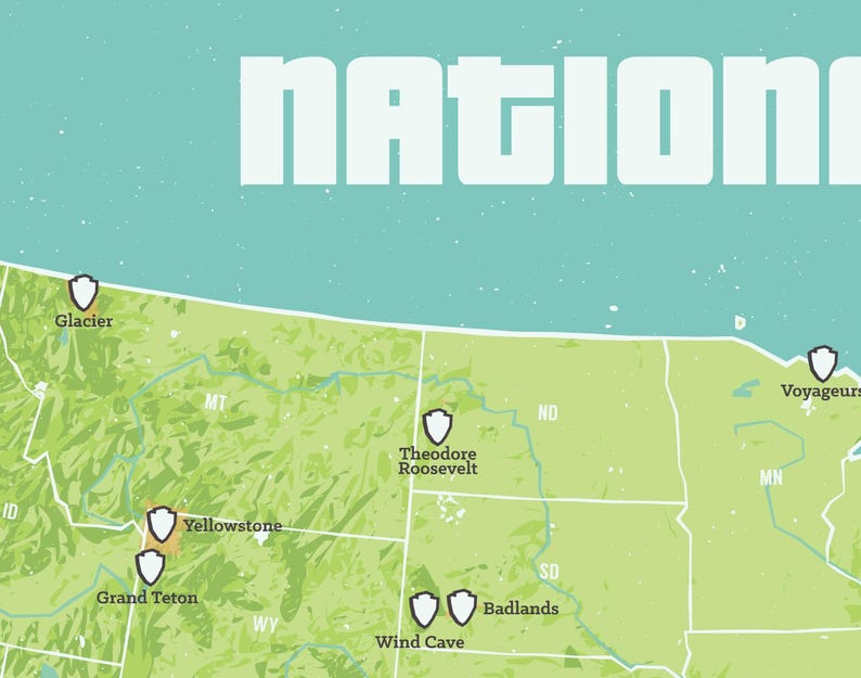 May include: A map of the United States featuring National Park locations. The word "NATIONAL" is displayed in large white letters. The map is green with a blue background.