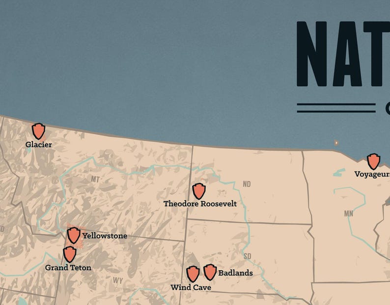 May include: A vintage-style map of the USA, featuring orange shield icons marking national park locations. The map has a tan background with blue water. The text "NAT" is visible in the upper right corner. The map includes locations like Yellowstone and Glacier.