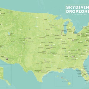 US Skydiving Dropzones Map 24x36 Poster Green & Aqua