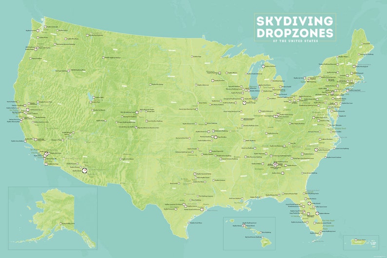 US Skydiving Dropzones Map 24x36 Poster Green & Aqua