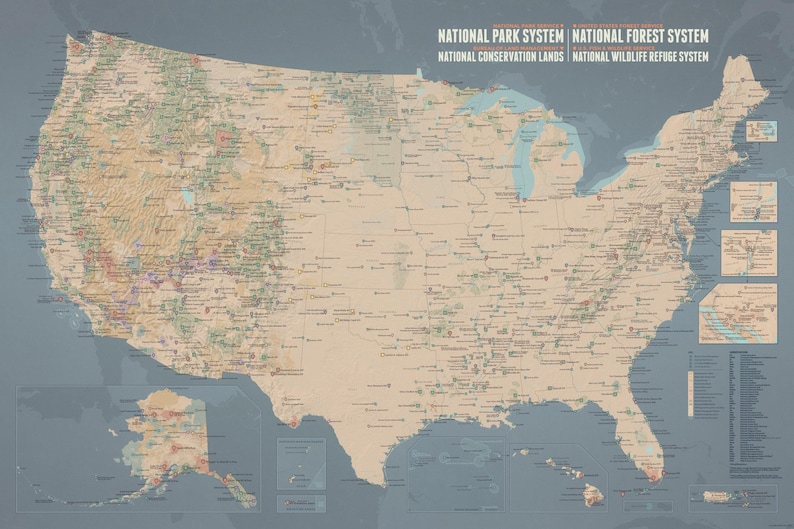 May include: A detailed map of the United States, showcasing national parks, forests, conservation lands, and wildlife refuges. The map is in shades of tan, brown, and green, with blue representing water bodies. Text at the top indicates the map's focus on protected areas.