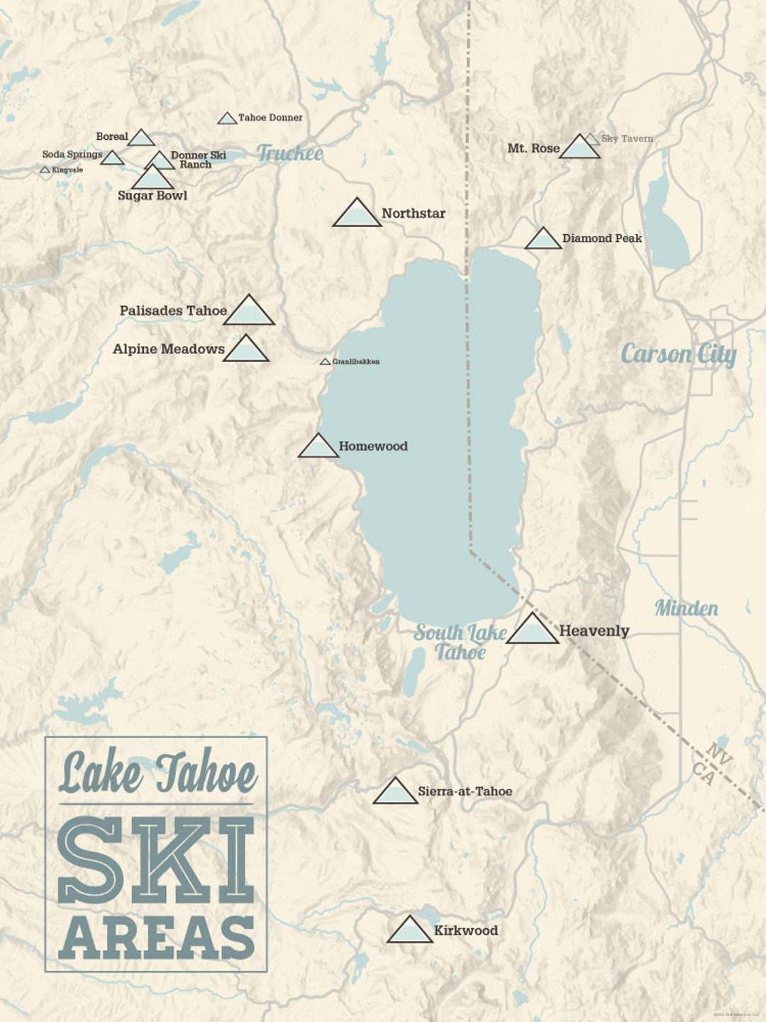 Lake Tahoe Ski Resorts Map 18x24 Poster - Etsy
