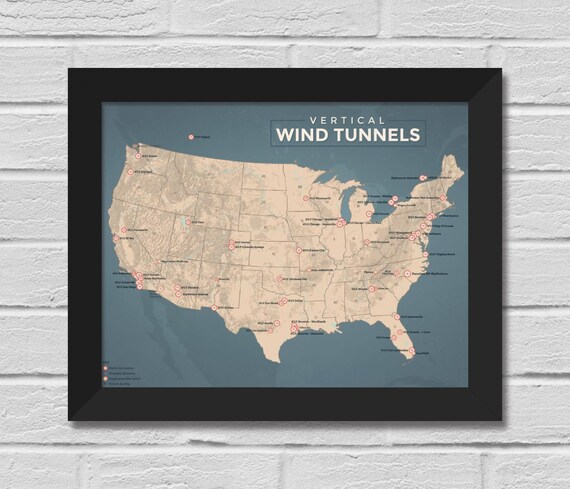 USA Indoor Skydiving Vertical Wind Tunnels Map 11x14 Print