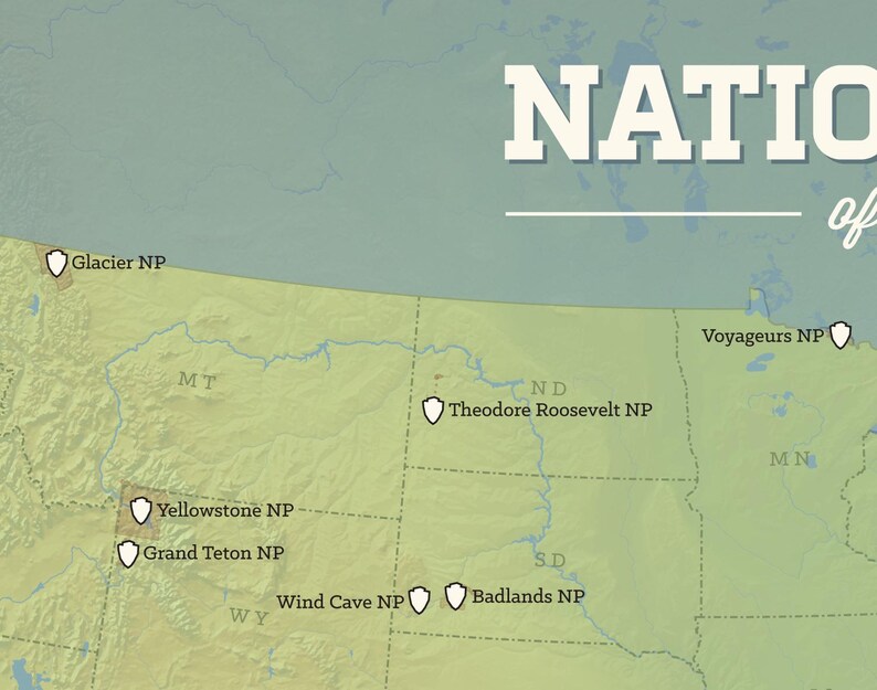 May include: A map of the United States, highlighting National Parks. The map is in green and tan tones, with the word "NATIONAL" in large white text. Parks include Glacier, Yellowstone, and Badlands, with their locations marked.