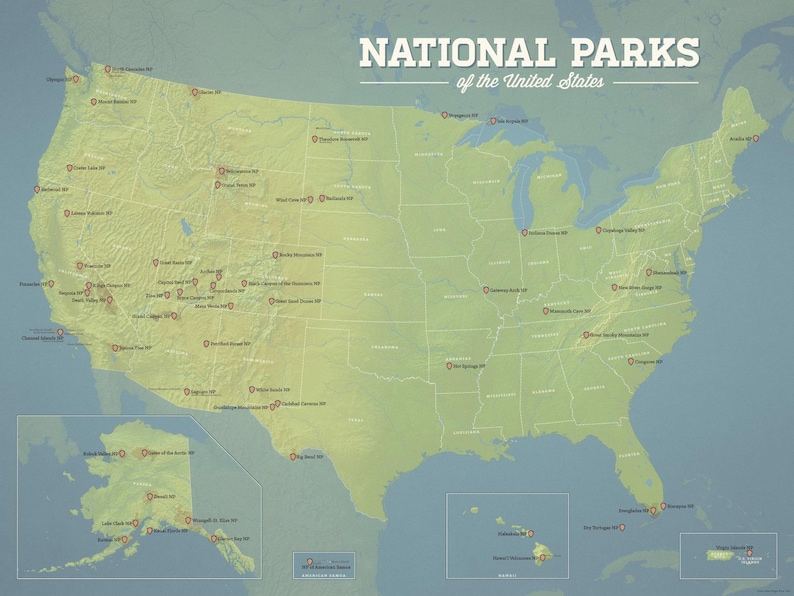 May include: A map of the United States highlighting National Parks. The map is in shades of green and tan, with each park marked by a red pin. The title "NATIONAL PARKS of the United States" is displayed at the top in white text.