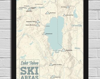 Kaart van 18 x 24 met kaart van skiresorts Lake Tahoe