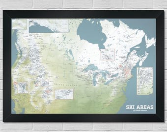 Kaartposter Noord-Amerika skigebieden 24 x 36, 700+ skigebieden VS en Canada, kaart checklist skiën, cadeau voor skiërs, snowboardmuurkunst